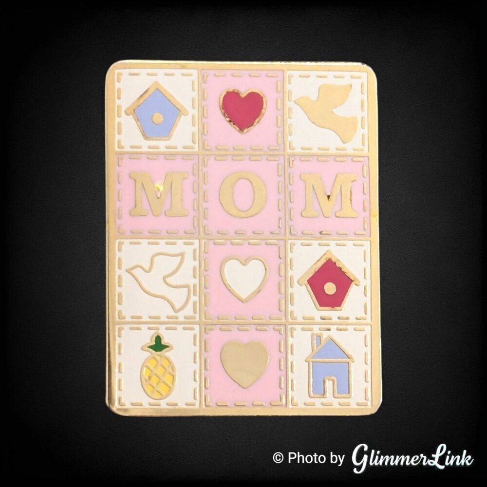 MOM Quilt Enamel Lapel Pin Patchwork Birdhouse Heart Quilter Gift